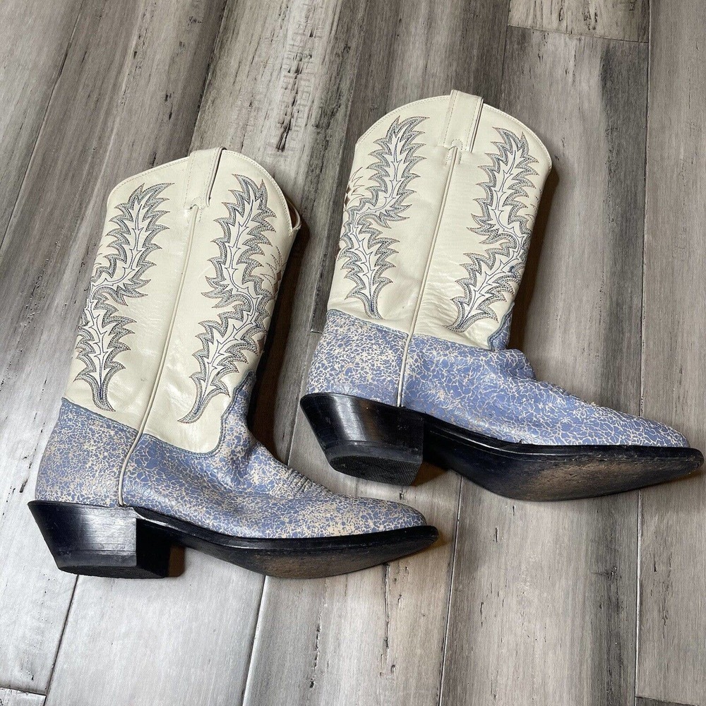Tony Lama Speckled Heeled Leather Boots Women's Blue Cream Size 7.5 B - Picture 5 of 6